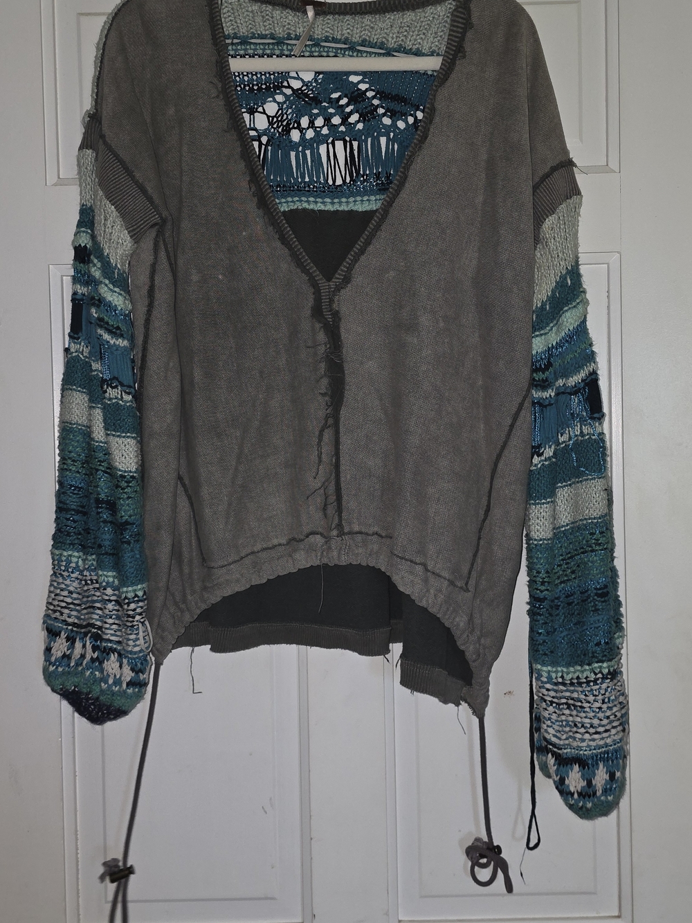 FREE PEOPLE : Womens Gray & Teal Mixed Knit Pullover Sweater